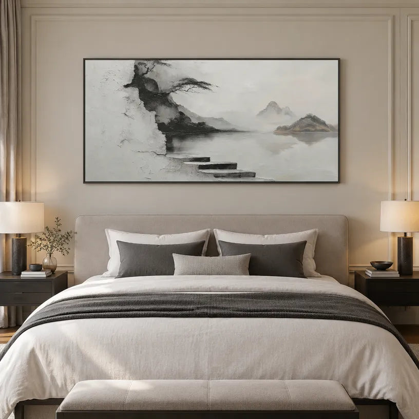 Wabi-Sabi abstract oil painting showing layered abstract marks, texture and expressive painterly movement in a grey palette.