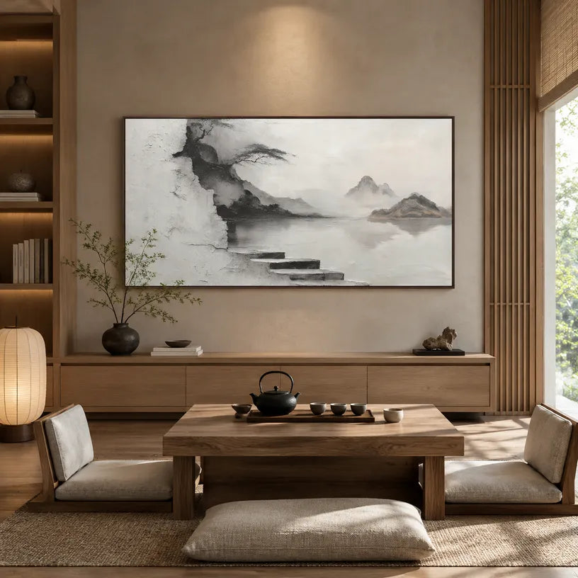 Wabi-Sabi abstract oil painting showing layered abstract marks, texture and expressive painterly movement in a grey palette.
