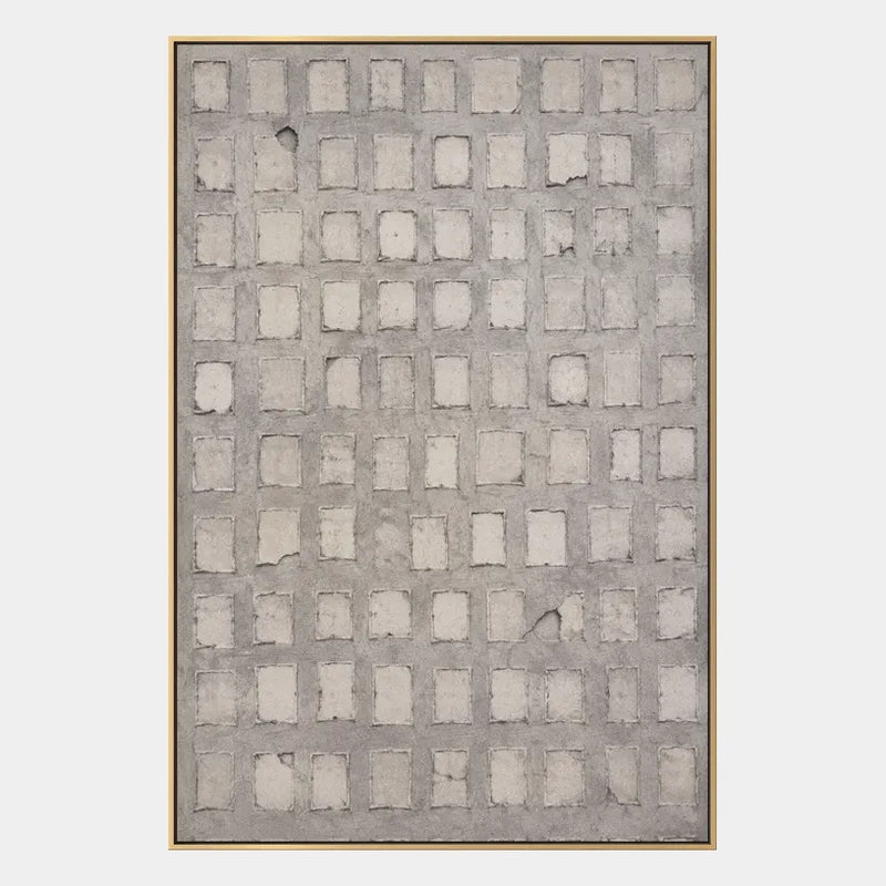 Pittura a olio astratta e concettuale Wabi-Sabi con segni astratti stratificati, consistenza e movimento pittorico espressivo in una tavolozza grigia.