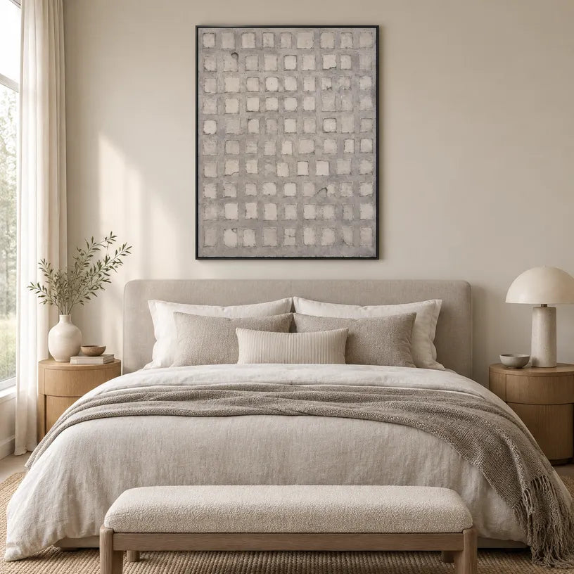Wabi-Sabi abstract oil painting showing layered abstract marks, texture and expressive painterly movement in a grey palette.
