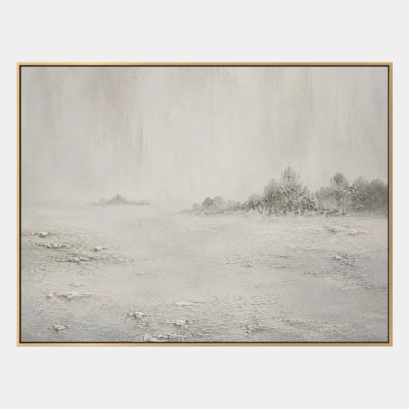 Pittura a olio di paesaggi Wabi-Sabi, paesaggi marini e paesaggi urbani con un paesaggio atmosferico, un paesaggio marino o una composizione ispirata alla città in una tavolozza di grigi.