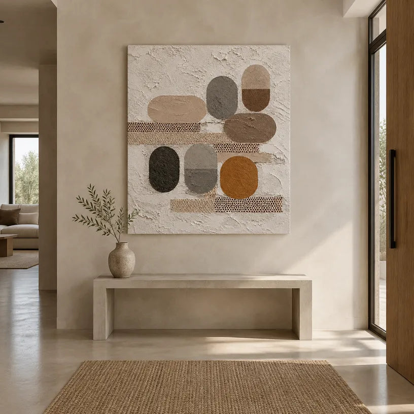 Wabi-Sabi abstract oil painting showing layered abstract marks, texture and expressive painterly movement in a brown palette.