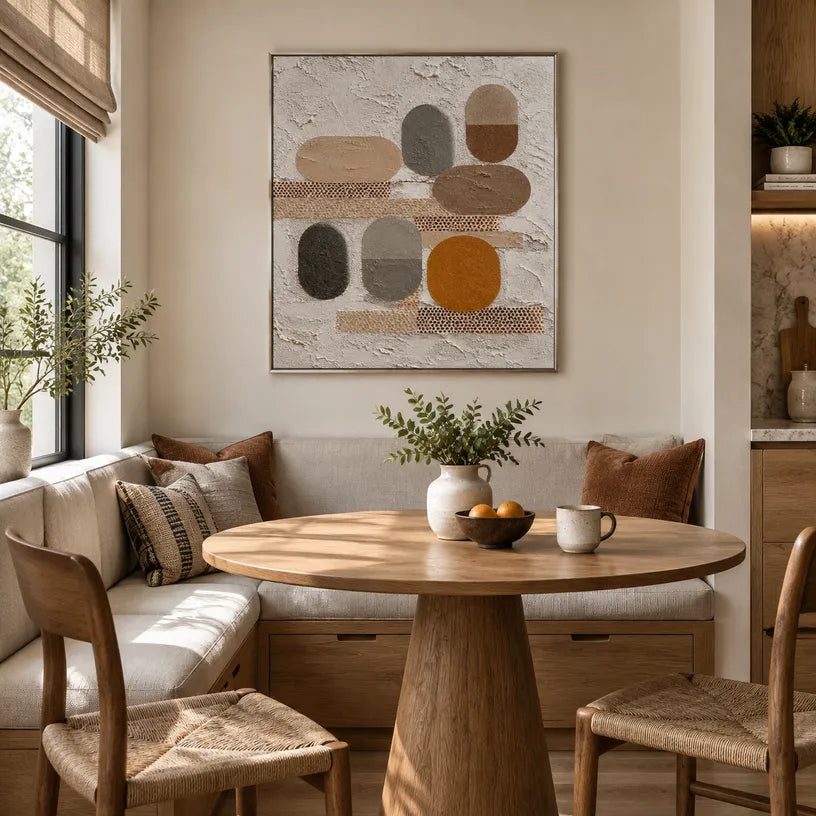 Wabi-Sabi abstract oil painting showing layered abstract marks, texture and expressive painterly movement in a brown palette.