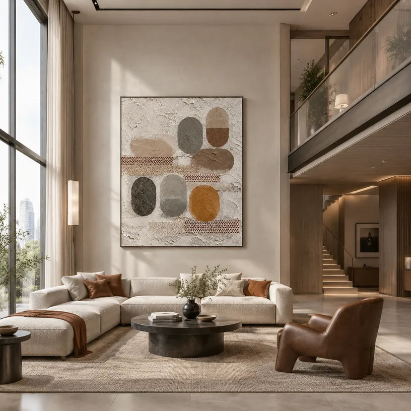 Wabi-Sabi abstract oil painting showing layered abstract marks, texture and expressive painterly movement in a brown palette.