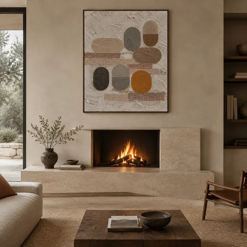 Wabi-Sabi abstract oil painting showing layered abstract marks, texture and expressive painterly movement in a brown palette.