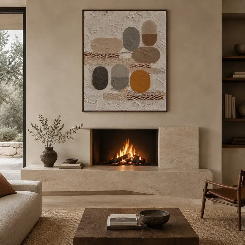 Peinture à l'huile abstraite et conceptuelle Wabi-Sabi présentant des marques abstraites superposées, une texture et un mouvement pictural expressif dans une palette beige.