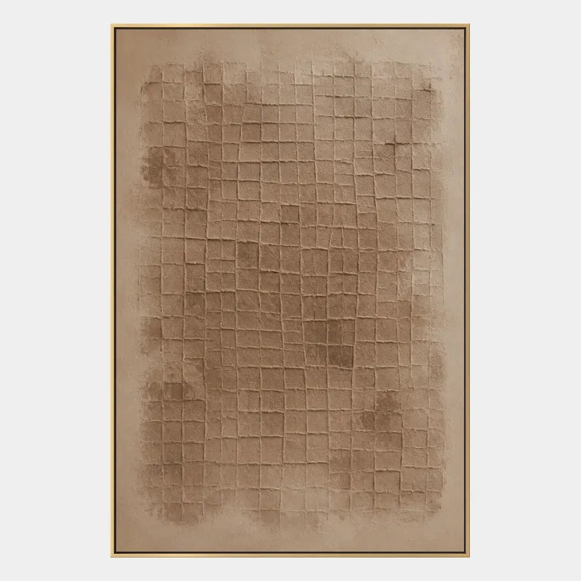 Wabi-Sabi abstract oil painting showing layered abstract marks, texture and expressive painterly movement in a brown palette.