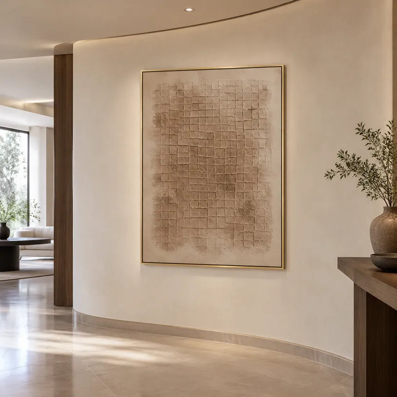 Wabi-Sabi abstract oil painting showing layered abstract marks, texture and expressive painterly movement in a brown palette.