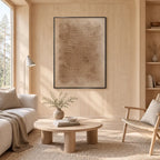 Wabi-Sabi abstract oil painting showing layered abstract marks, texture and expressive painterly movement in a brown palette.