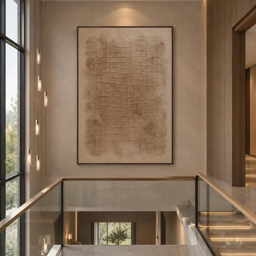 Wabi-Sabi abstract oil painting showing layered abstract marks, texture and expressive painterly movement in a brown palette.