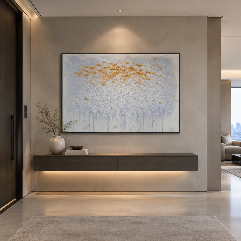 Wabi-Sabi abstract oil painting showing layered abstract marks, texture and expressive painterly movement in a grey palette.