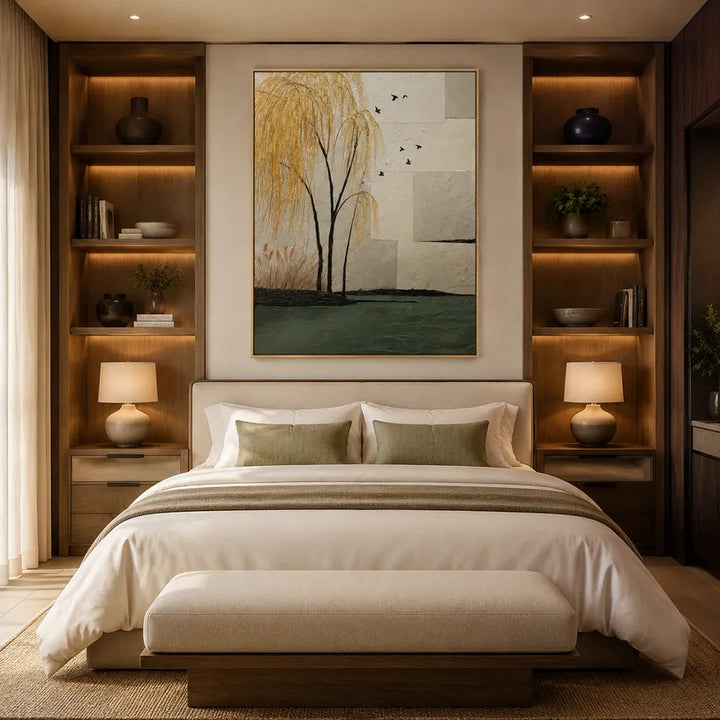 Dipinto a olio Wabi-Sabi con paesaggi, paesaggi marini e paesaggi urbani, caratterizzato da un paesaggio atmosferico, un paesaggio marino o una composizione ispirata alla città in una tavolozza beige.