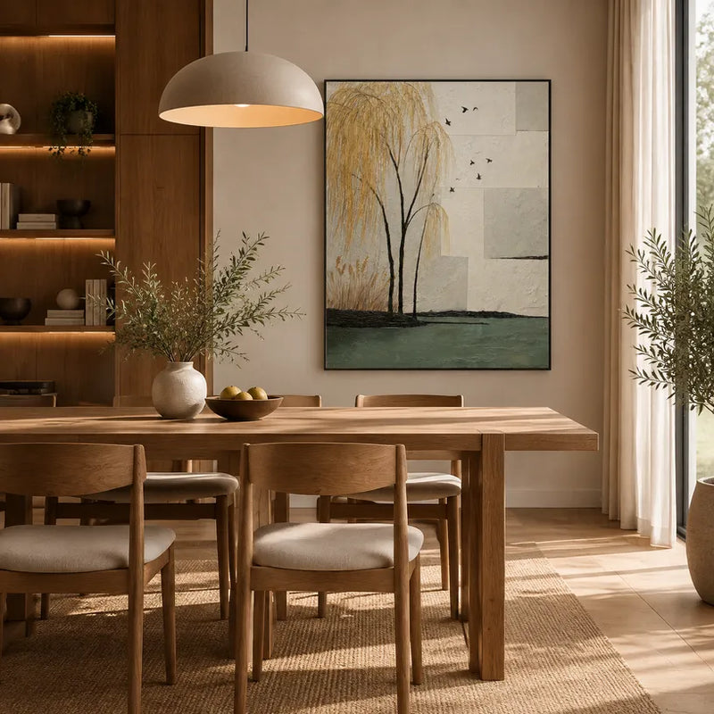Pintura al óleo de paisajes, paisajes marinos y paisajes urbanos de Wabi-Sabi que presenta una composición atmosférica inspirada en un paisaje, un paisaje marino o una ciudad en una paleta beige.