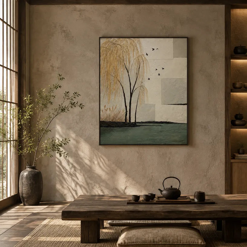 Wabi-Sabi abstract oil painting showing layered abstract marks, texture and expressive painterly movement in a beige palette.