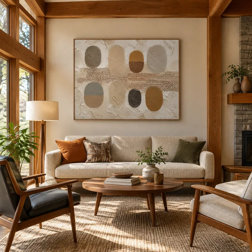 Wabi-Sabi abstract oil painting showing layered abstract marks, texture and expressive painterly movement in a brown palette.
