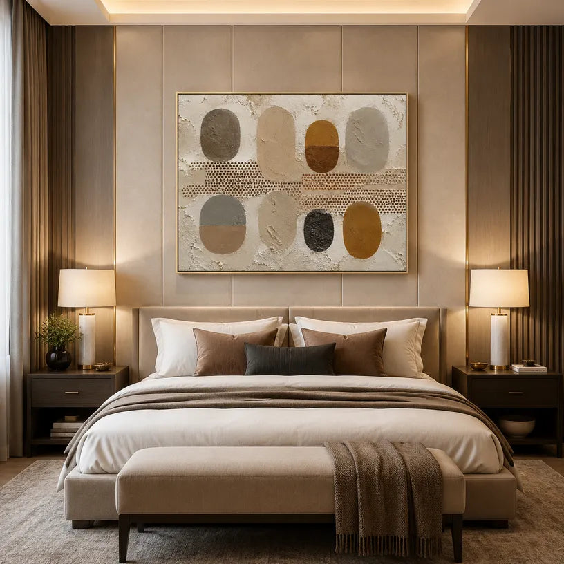 Wabi-Sabi abstract oil painting showing layered abstract marks, texture and expressive painterly movement in a brown palette.