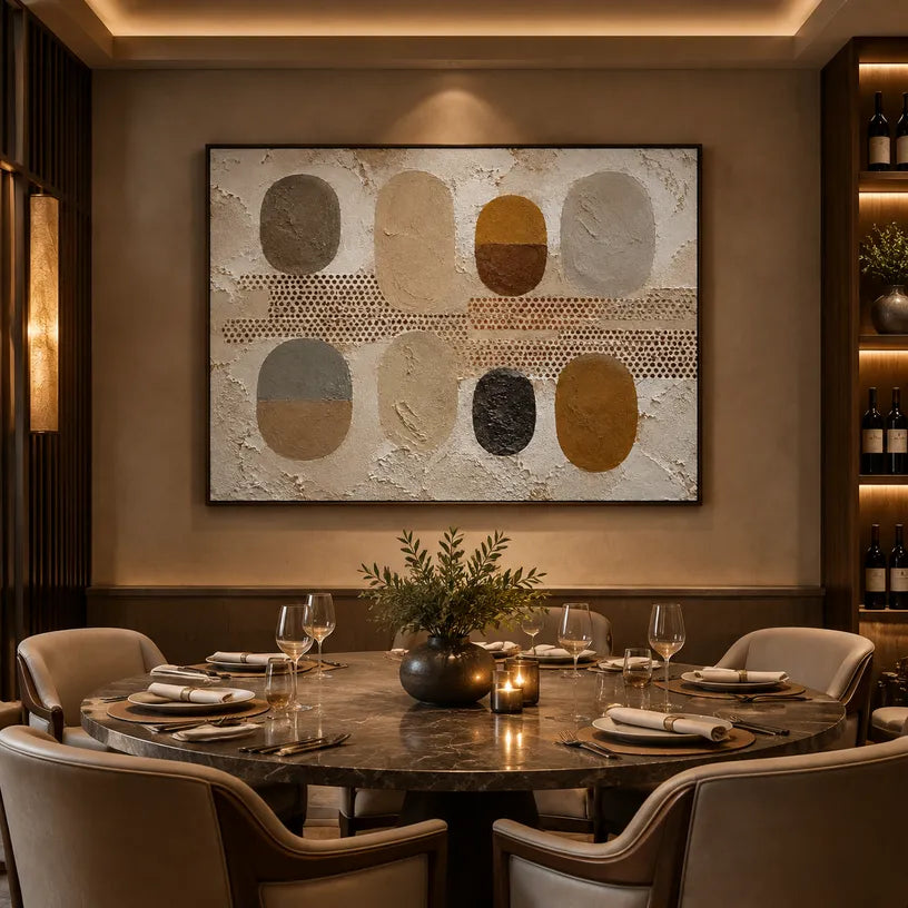 Wabi-Sabi abstract oil painting showing layered abstract marks, texture and expressive painterly movement in a brown palette.