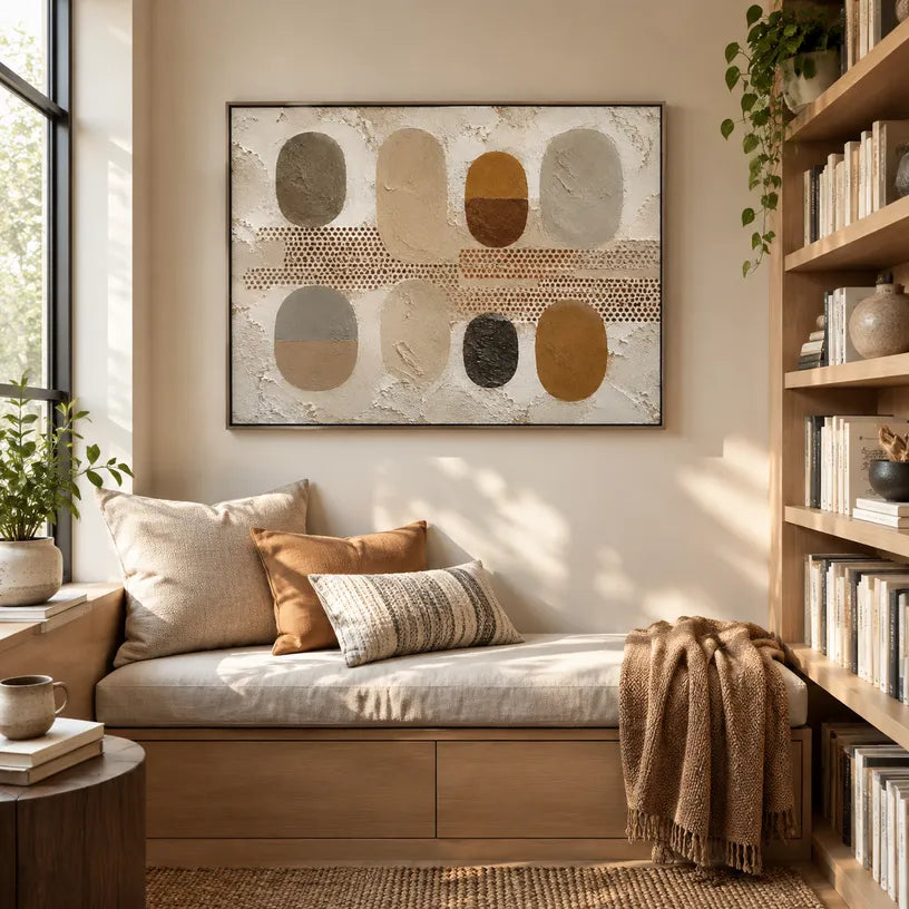 Wabi-Sabi abstract oil painting showing layered abstract marks, texture and expressive painterly movement in a brown palette.