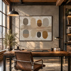 Wabi-Sabi abstract oil painting showing layered abstract marks, texture and expressive painterly movement in a brown palette.