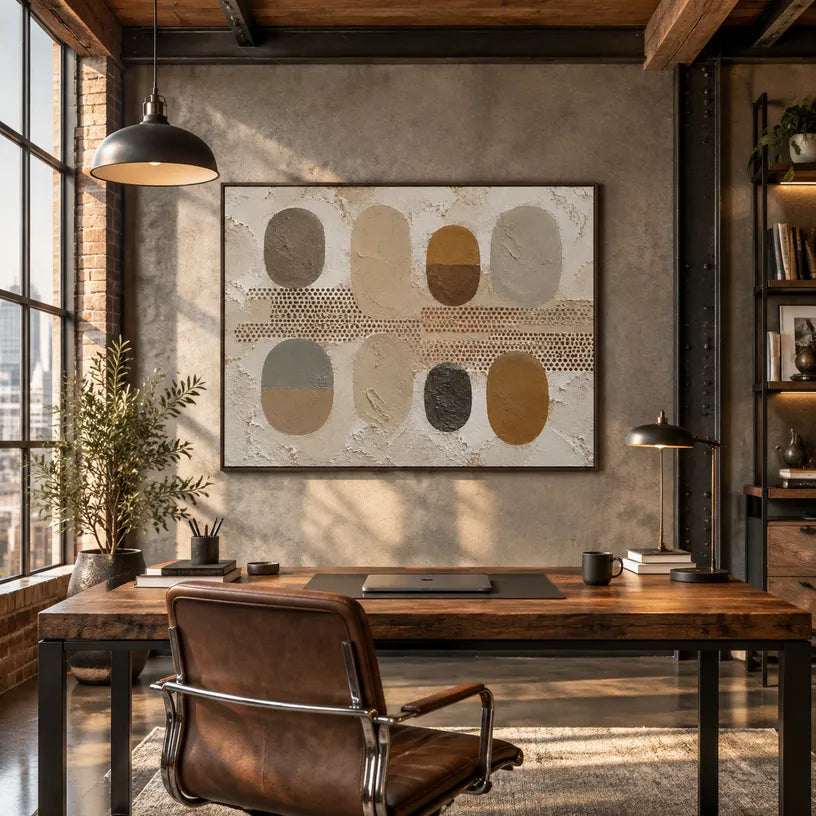 Wabi-Sabi abstract oil painting showing layered abstract marks, texture and expressive painterly movement in a brown palette.