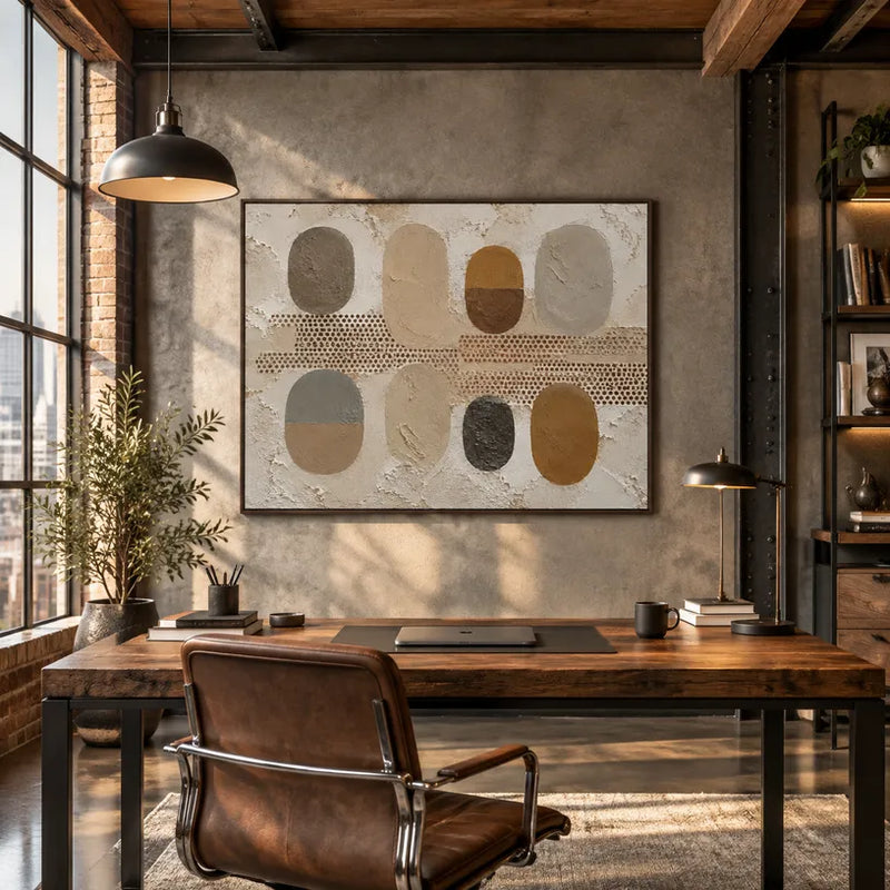 Peinture à l'huile abstraite et conceptuelle Wabi-Sabi présentant des marques abstraites superposées, une texture et un mouvement pictural expressif dans une palette marron.