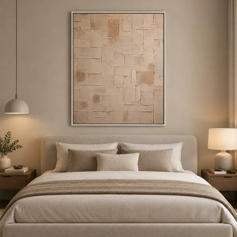 Wabi-Sabi abstract oil painting showing layered abstract marks, texture and expressive painterly movement in a brown palette.