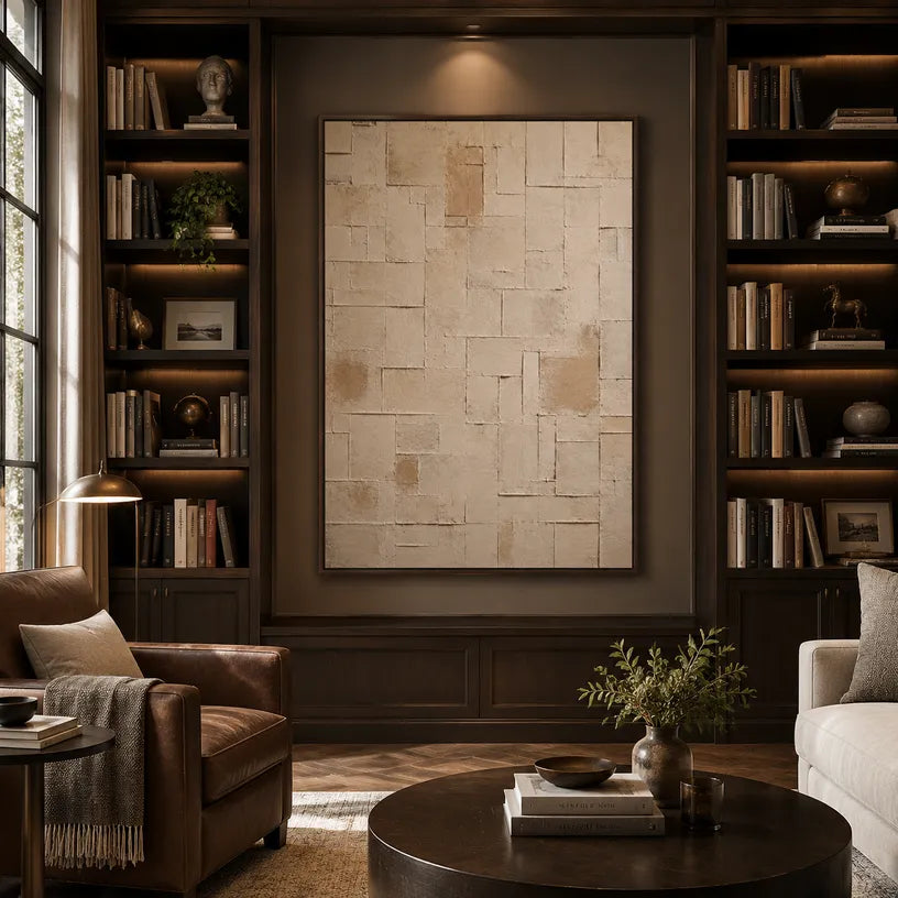 Wabi-Sabi abstract oil painting showing layered abstract marks, texture and expressive painterly movement in a brown palette.