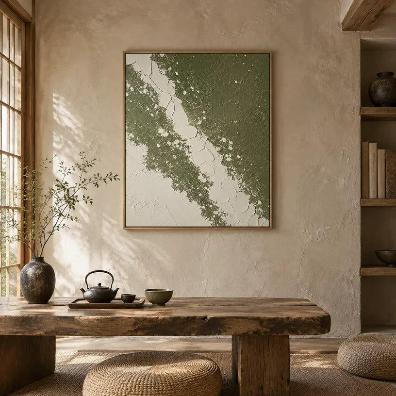 Wabi-Sabi abstract oil painting showing layered abstract marks, texture and expressive painterly movement in a yellow palette.