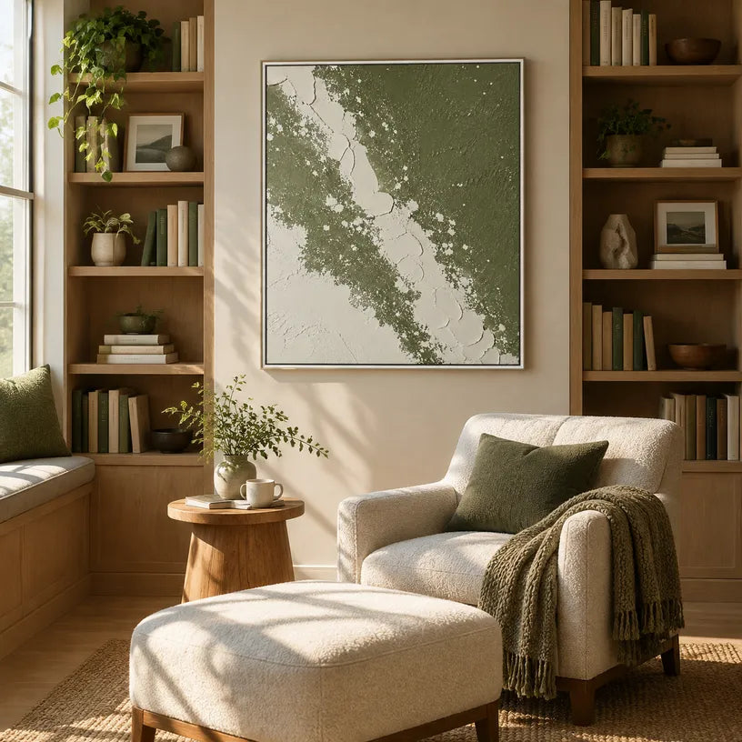 Wabi-Sabi abstract oil painting showing layered abstract marks, texture and expressive painterly movement in a yellow palette.