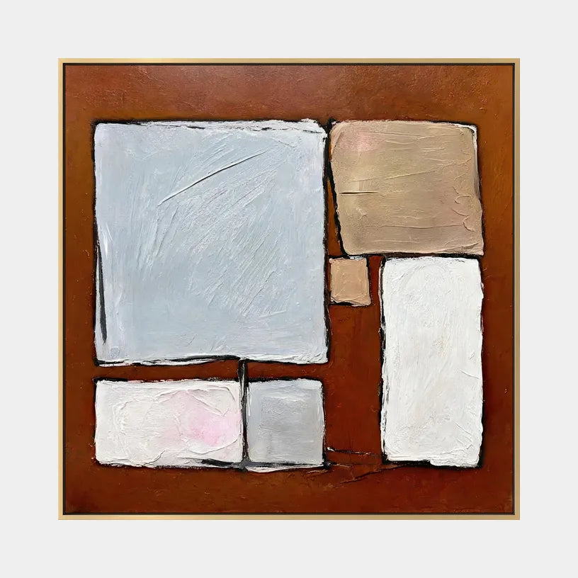 Wabi-Sabi abstract oil painting showing layered abstract marks, texture and expressive painterly movement in a brown palette.