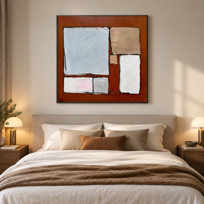 Wabi-Sabi abstract oil painting showing layered abstract marks, texture and expressive painterly movement in a brown palette.