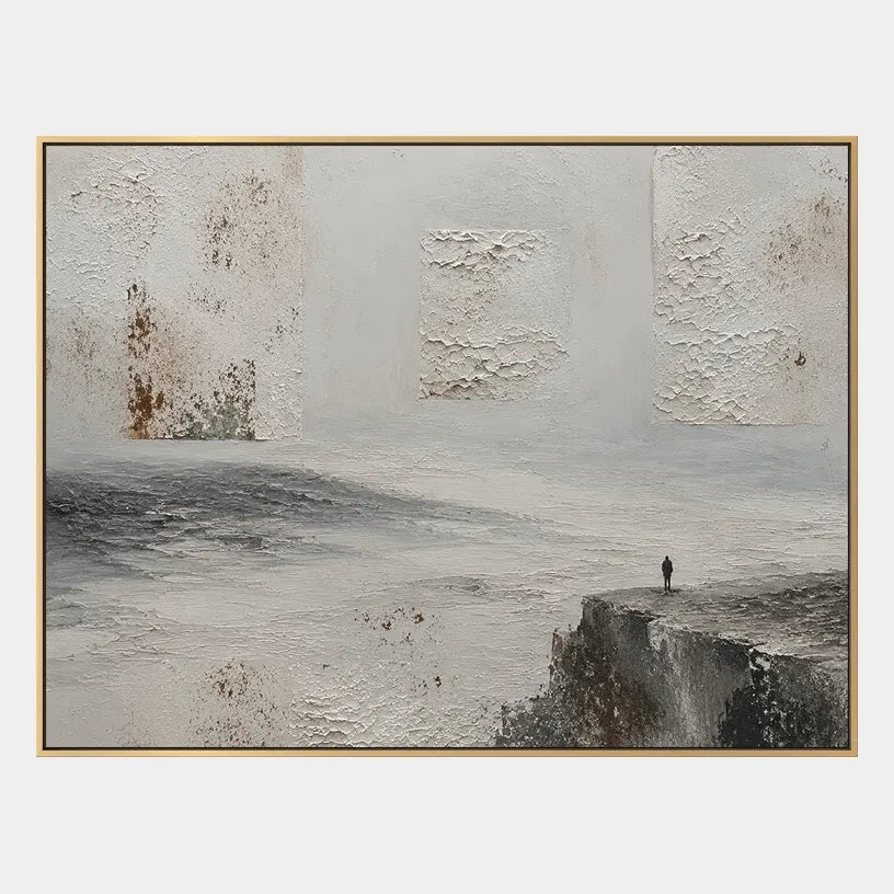 Wabi-Sabi abstract oil painting showing layered abstract marks, texture and expressive painterly movement in a grey palette.