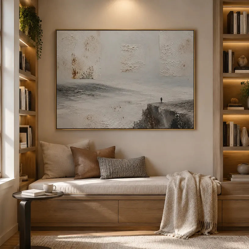Wabi-Sabi abstract oil painting showing layered abstract marks, texture and expressive painterly movement in a grey palette.