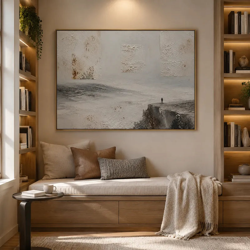 Pittura a olio di paesaggi Wabi-Sabi, paesaggi marini e paesaggi urbani con un paesaggio atmosferico, un paesaggio marino o una composizione ispirata alla città in una tavolozza di grigi.