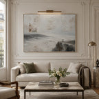 Wabi-Sabi abstract oil painting showing layered abstract marks, texture and expressive painterly movement in a grey palette.