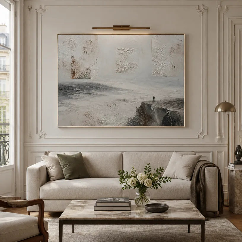 Wabi-Sabi abstract oil painting showing layered abstract marks, texture and expressive painterly movement in a grey palette.