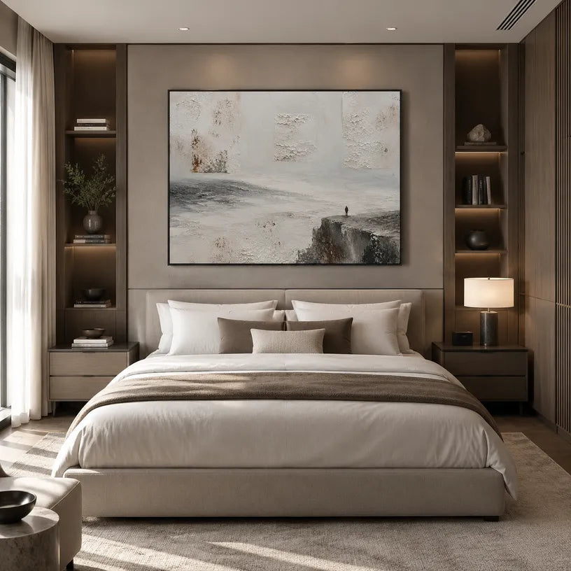 Wabi-Sabi abstract oil painting showing layered abstract marks, texture and expressive painterly movement in a grey palette.