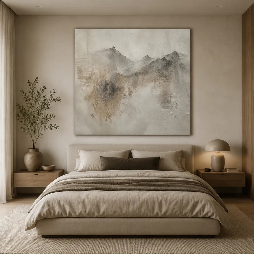 Wabi-Sabi abstract oil painting showing layered abstract marks, texture and expressive painterly movement in a brown palette.