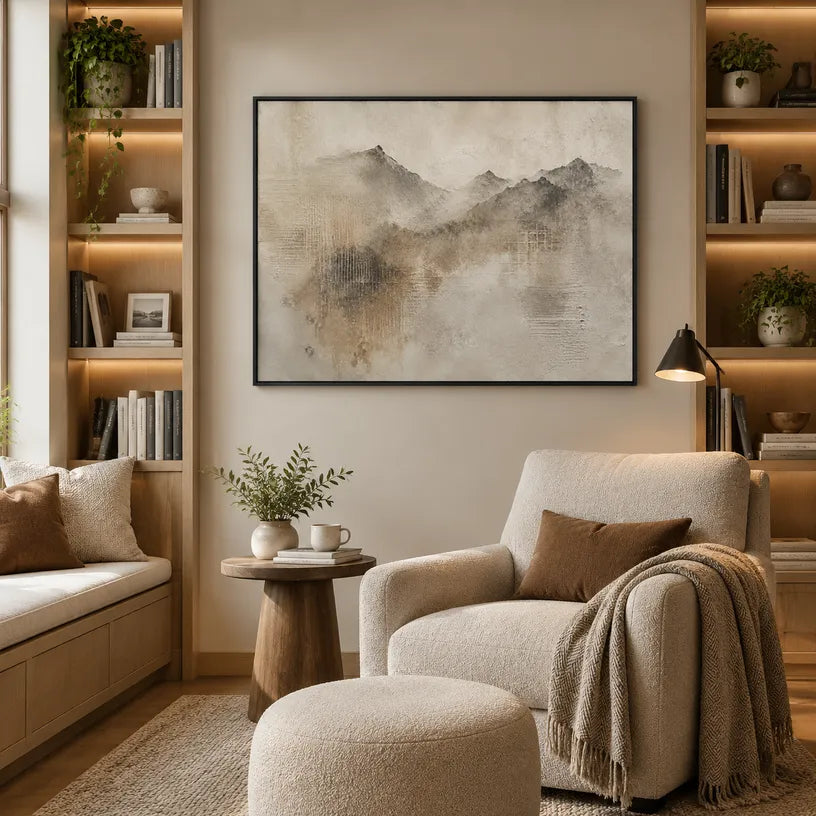 Wabi-Sabi abstract oil painting showing layered abstract marks, texture and expressive painterly movement in a brown palette.