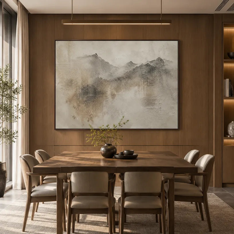 Wabi-Sabi abstract oil painting showing layered abstract marks, texture and expressive painterly movement in a brown palette.