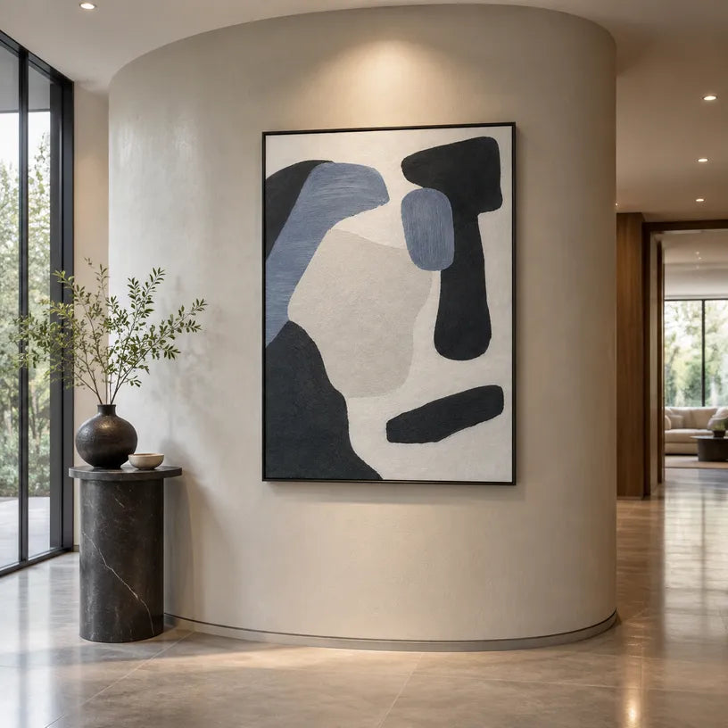 Wabi-Sabi abstract oil painting showing layered abstract marks, texture and expressive painterly movement in a blue palette.