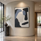 Wabi-Sabi abstract oil painting showing layered abstract marks, texture and expressive painterly movement in a blue palette.