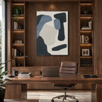 Wabi-Sabi abstract oil painting showing layered abstract marks, texture and expressive painterly movement in a blue palette.
