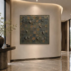 Wabi-Sabi abstract oil painting showing layered abstract marks, texture and expressive painterly movement in a yellow palette.
