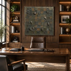 Wabi-Sabi abstract oil painting showing layered abstract marks, texture and expressive painterly movement in a yellow palette.