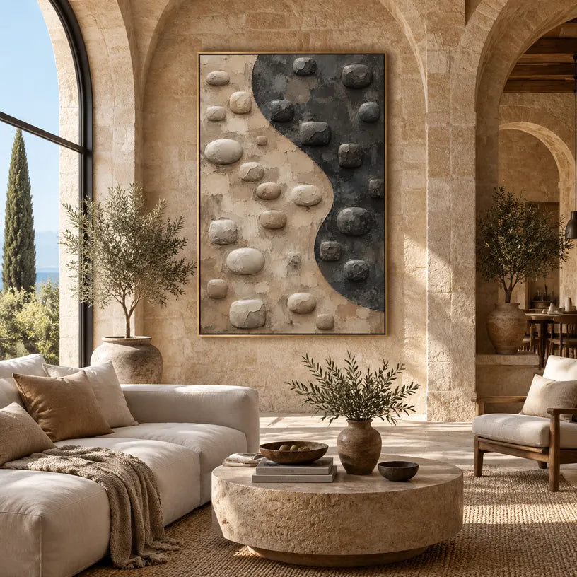 Wabi-Sabi abstract oil painting showing layered abstract marks, texture and expressive painterly movement in a brown palette.