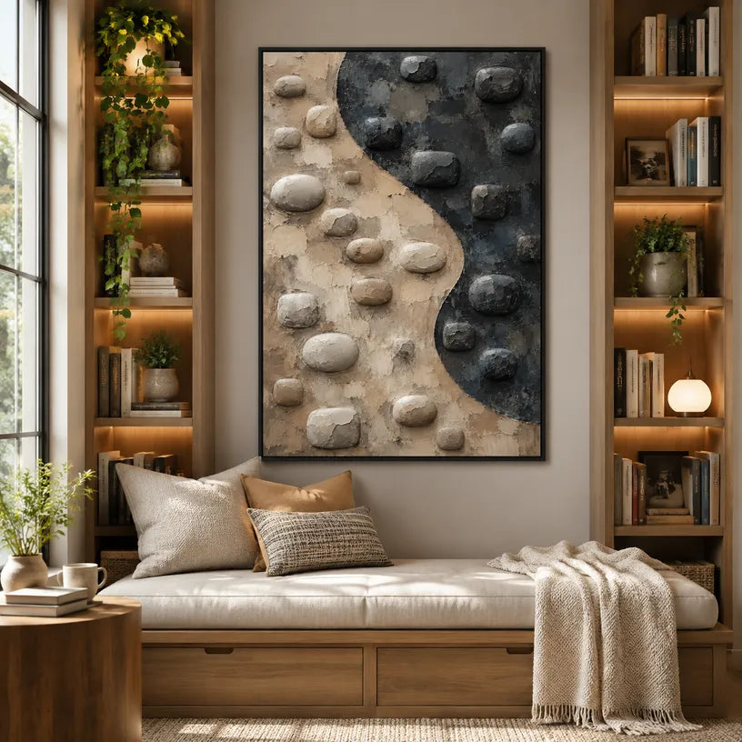 Wabi-Sabi abstract oil painting showing layered abstract marks, texture and expressive painterly movement in a brown palette.