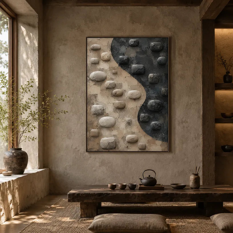 Wabi-Sabi abstract oil painting showing layered abstract marks, texture and expressive painterly movement in a brown palette.