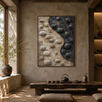 Wabi-Sabi abstract oil painting showing layered abstract marks, texture and expressive painterly movement in a brown palette.