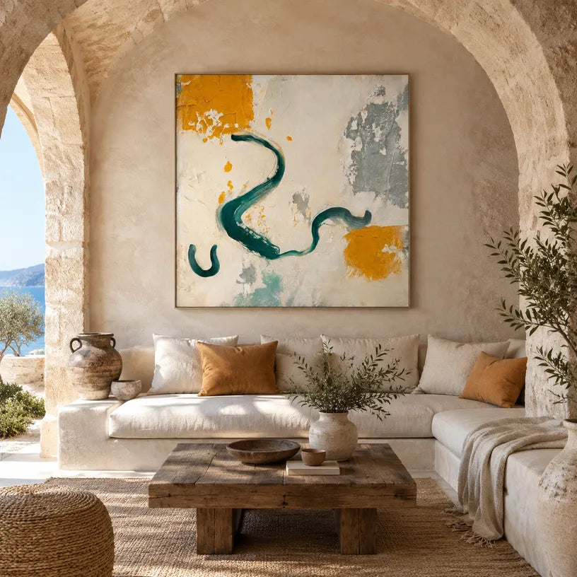 Wabi-Sabi abstract oil painting showing layered abstract marks, texture and expressive painterly movement in a beige palette.